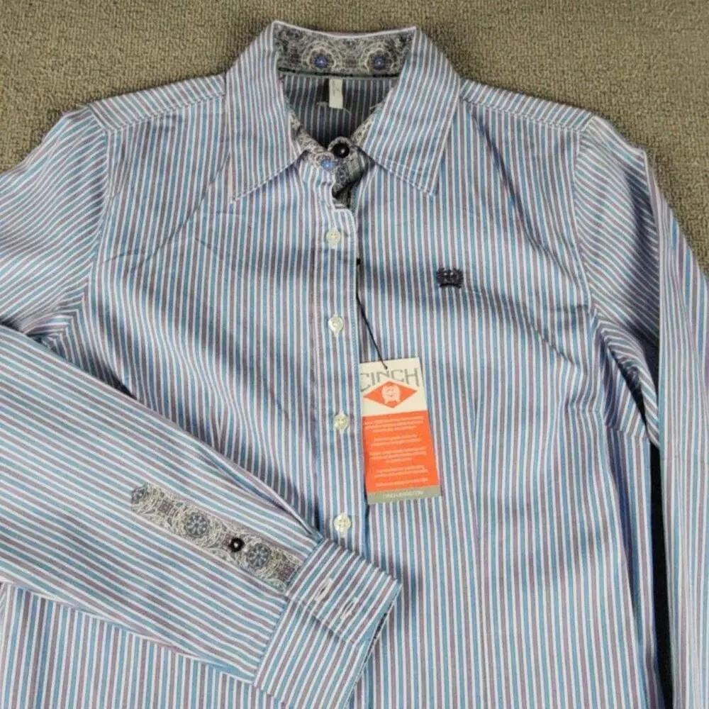 Cinch Shirt Womens Medium Blue Stripe Button Up Long Sleeve Cotton Western